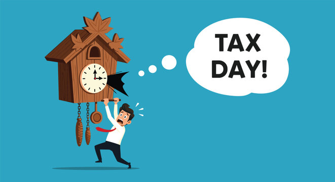 Frustrated man in a suit desperately tries to stop the pendulum of a large cuckoo clock as a thought bubble says tax day.