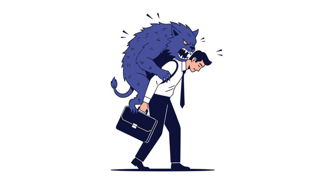 Exhausted businessman in a white shirt and tie carrying a large purple monster on his back as a metaphor for stress, burnout, and burden.