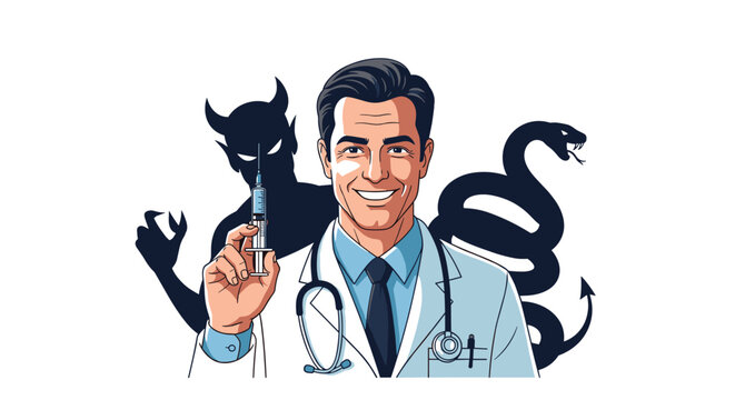 Deceptive doctor holding a syringe and smiling while a dark shadow of a devil and a snake appears behind him, representing a medical threat.