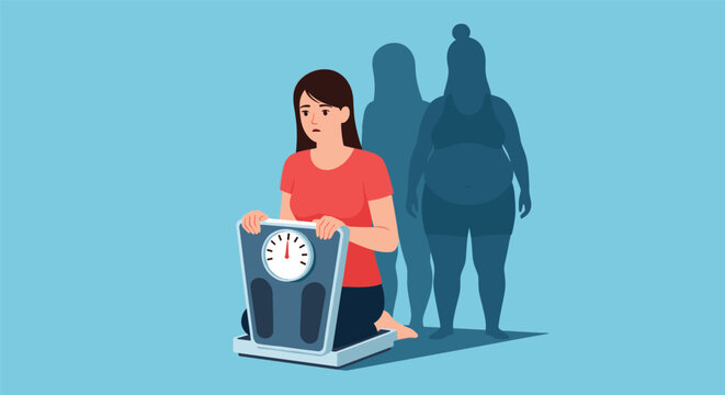 Distressed woman sits on a scale while looking at her weight, as multiple large shadow silhouettes loom behind her on a blue background.