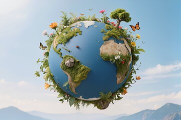 Fototapeta premium Illustration d'une petite planète écologique avec nature luxuriante, biodiversité, forêts, fleurs et montagnes, symbole de protection de l'environnement et développement durable