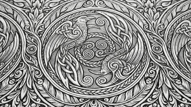 Intricate celtic knotwork pattern with stylized birds and swirling designs.
