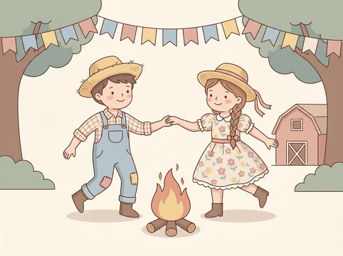Cute Cartoon Boy and Girl Dancing Beside a Campfire