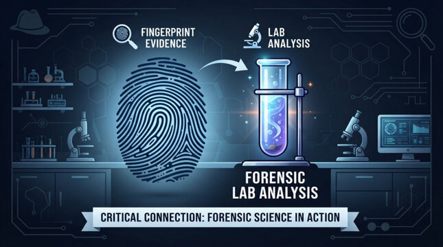 Forensic science infographic featuring fingerprint evidence and laboratory test tube analysis for criminal investigation concepts in a modern digital style