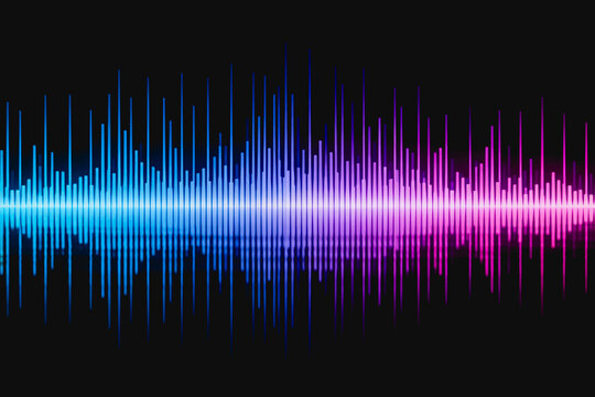 A vibrant neon-colored sound waveform visualization, featuring blue to pink gradient bars on a dark backdrop, representing audio frequency and level.