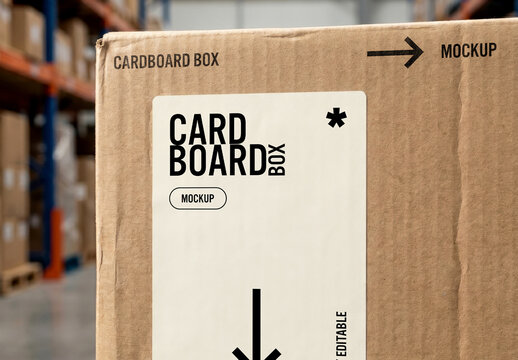 Cardboard Shipping Box with Label Mockup in Warehouse
