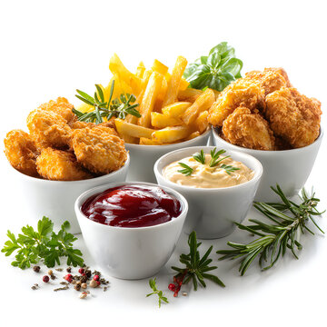 Crispy fried chicken nuggets and french fries with dipping sauces, fast food