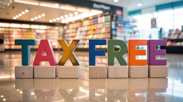 Tax free colorful wooden letters in airport shop, duty free shopping concept for international travel, retail store interior with tax exempt sign