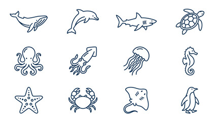 Obraz premium Marine animals icons featuring dolphin, shark, turtle, squid, jellyfish, penguin vector