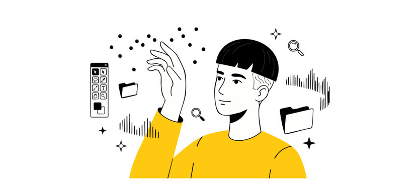 Creative digital designer interacting with floating user interface toolbars and data charts. Minimalist black and white line art illustration with yellow accent representing modern workflow and future