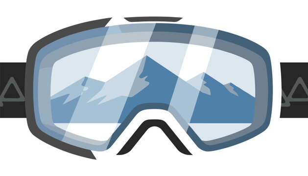 Close-up of modern ski goggles reflecting snow-covered blue mountain peaks on the glass lens, isolated on white.