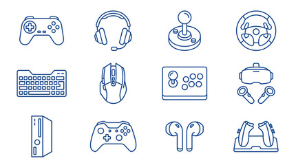A vector illustration of various gaming controllers and accessories arranged neatly. © arjunaa.art