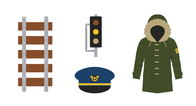 Railway Equipment and Winter Apparel Vector Illustration Set