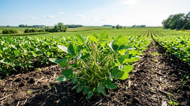 Thriving young soybean plants in neat rows across a vast agricultural field under clear blue skies.