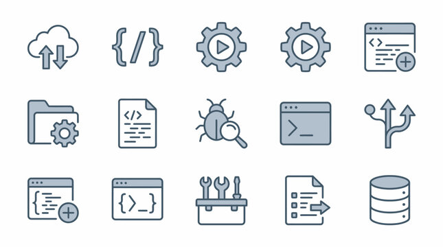 A vector illustration of various programming and software development icons depicted in a simple line style on a white background with coding vector1.