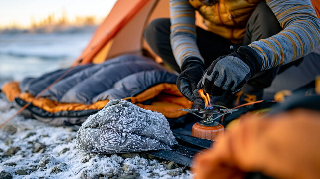 Frost-covered sleeping bag draped over a snow-dusted bivy setup at dawn beside a frozen creek, solo camper in layered base layers igniting small stove with gloved hands, ice crystals on tent guy lin