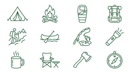 Camping scene with tent and people hiking in mountains near campfire and lake © arjunaa.art