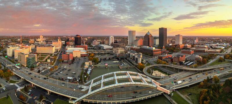 Rochester, New York, USA cityscape on the Genesee River