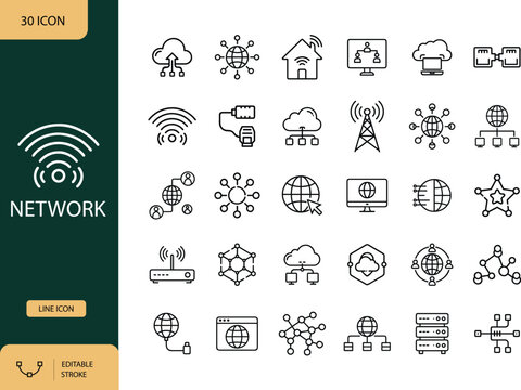 Network Editable line icon set in outline style. Vector illustration