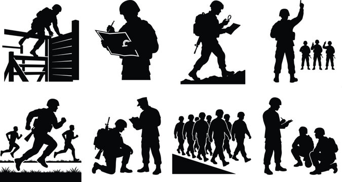 Military Training and Tactical Operations Black Silhouette Collection for Defense and Security Concepts