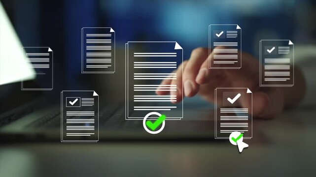 Businessman  doing online data documentation checklist survey. Fast checklist, clipboard task business management. Productivity checklist and filling survey form online.