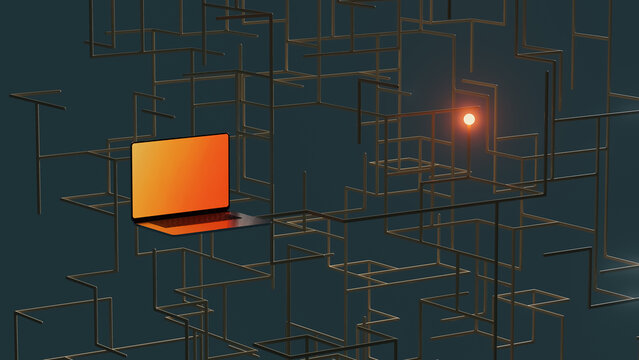 Futuristic data flow cube with a laptop and network elements