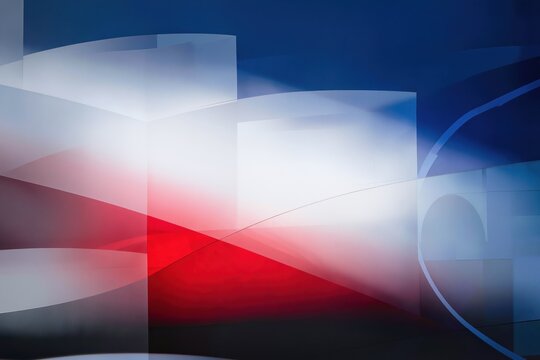 Fond abstrait bleu, blanc et rouge avec formes g&eacute;om&eacute;triques fluides et d&eacute;grad&eacute;s lumineux, design moderne minimaliste avec espace pour texte
