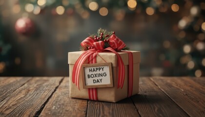 Boxing day gift box with red ribbon on rustic wooden table