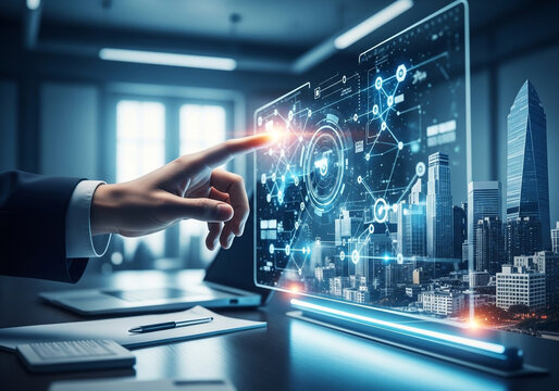 Businessman hand touching futuristic digital interface with smart city hologram and data network in modern office