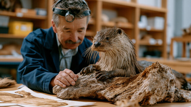 Taxidermist in natural history museum workroom adjusting Victorian-era otter specimen mounted on driftwood base, magnifying visor pushed up on forehead, archival reference sketches pinned nearby, ed