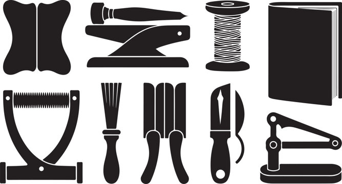 Bookbinding Tools and Leather Craft Equipment Vector Icon Set