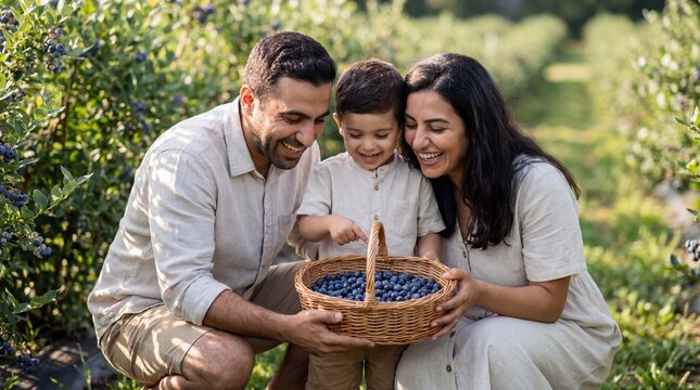 Parents and child hold blueberry basket together with happy smiles for Parents Day family bonding lifestyle marketing content