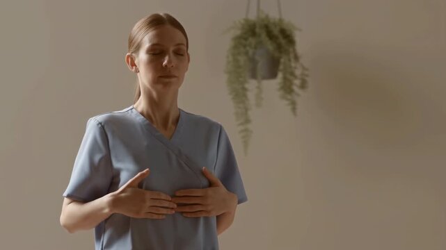 Young woman practicing chest centered breathing with hands on sternum in calm indoor setting, eyes closed, gentle posture, soft natural light, quiet wellness moment
