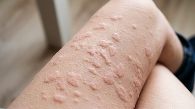 Close-up of thigh with raised red hives rash