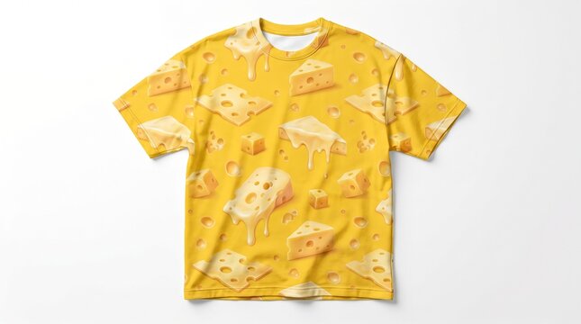 A front-view mockup showcases a vibrant yellow t-shirt with food illustrations on a clean surface.