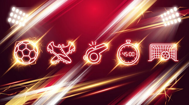 Neon soccer icons of ball, cleats, whistle, stopwatch and goal net in golden light streaks and sparkles on dark red stadium background. Banner