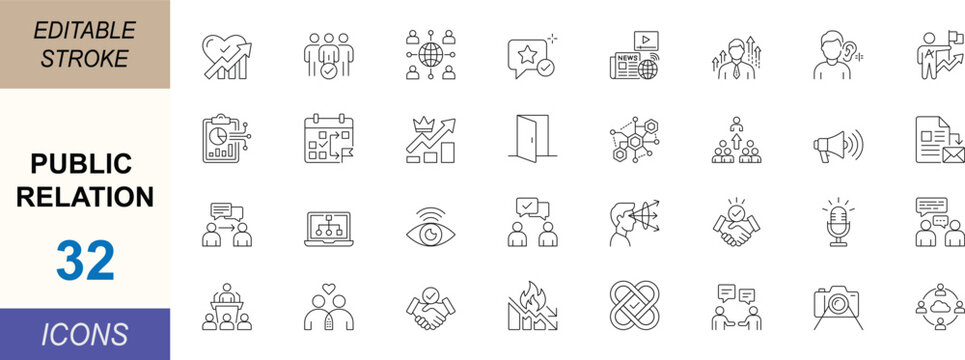 Public relation line icon set set. Featuring communication, media, networking, reputation, audience and engagement symbols for web, apps, UI and print projects. Editable stroke.
