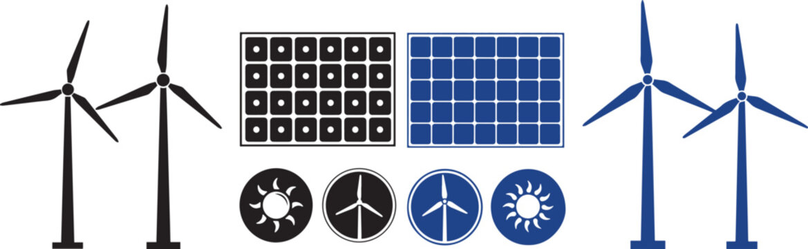 Renewable Energy Wind Turbine and Solar Panel Icon Collection, Clean Power Technology Isolated Vector Illustration for Sustainable Green Design