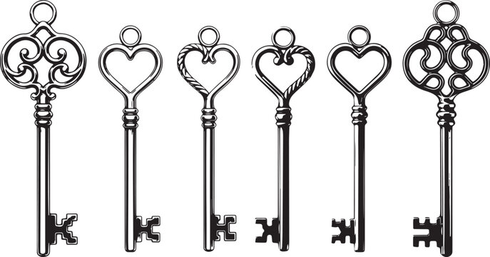 Vintage Ornamental Skeleton Key Collection, Antique Decorative Heart Shaped Keys, Elegant Black Vector Illustration Isolated for Design and Branding