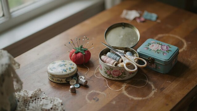 Sewing and tailoring tools with thread pins scissors and sewing kit on wooden table