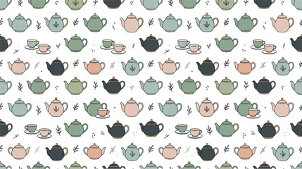 Fototapeta premium Minimalist seamless tea pattern with pastel ceramic teapots little cups and delicate black leaves