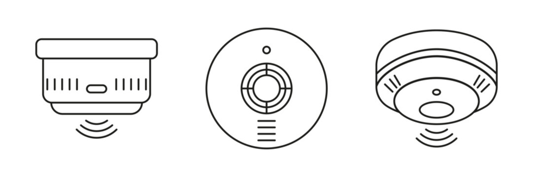 Smoke detector icon set. Outline fire alarm, smoke sensor, and ceiling detector symbols representing fire safety, emergency protection, home security, hazard detection, and building safety systems.