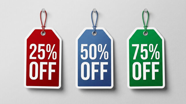 Three price tags display "25% OFF", "50% OFF", and "75% OFF". Symbolizing discounts and sales, they are representative of retail and marketing promotions.