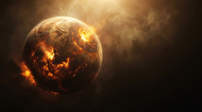 Fiery Planet in Space with Molten Surface and Volcanic Activity