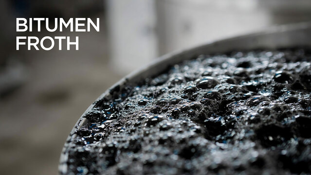 Bitumen froth closeup with bubbles on surface in industrial setting with blurred background