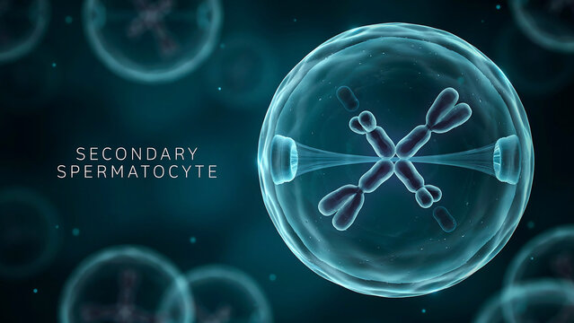 Secondary spermatocyte cell in a stage of spermatogenesis with visible chromosomes and cell membrane in a biological process
