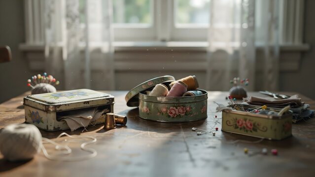 Vintage Sewing Supplies and Tools on Wooden Table with Natural Light