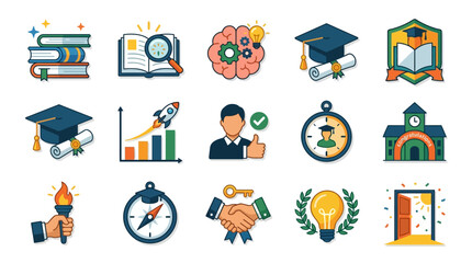 Fototapeta premium Clean Flat Set of 15 Colorful Educational and Achievement Icons Featuring Books Graduation Caps Brain Charts and More