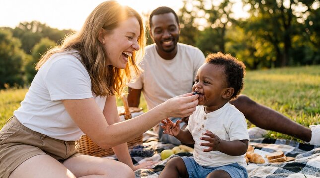 A mother feeds fresh blueberries to her toddler during a diverse family summer picnic, celebrating multicultural parenting and outdoor bonding moments