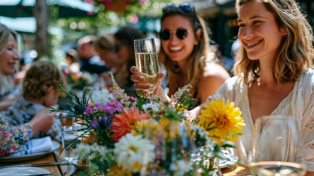 A group of adult daughters and their mothers fills a sun soaked restaurant patio on Mothers Day, mismatched floral arrangements crowding the table as someone raises a mimosa mid laugh and a grandmot